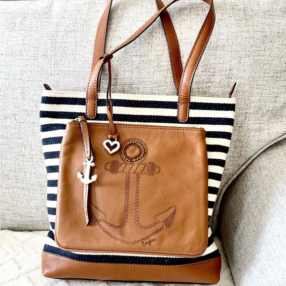 Brighton Handbags - Brighton Sea to Shore Navy and White Striped Tote with Brown Anchor Accent